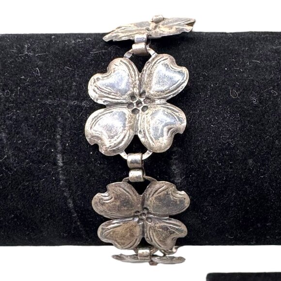 Vintage BEAU Sterling Silver 925 Dogwood Flower Floral Link Panel Bracelet 7.5" - Picture 1 of 7